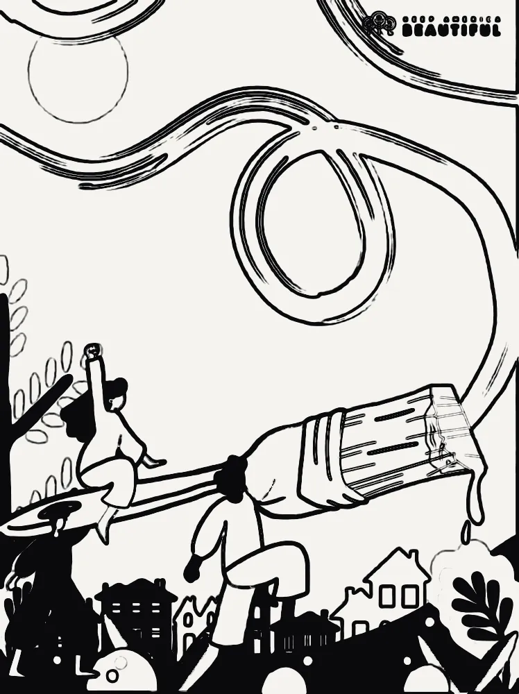The Beautify poster's lines, traced from the painted poster for this demo: people riding a giant paintbrush over a town