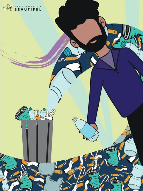 Keep America Beautiful poster: A man dropping a plastic bottle into a full trash can