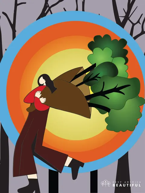 Keep America Beautiful poster: a figure planting a tree inside a painted sun