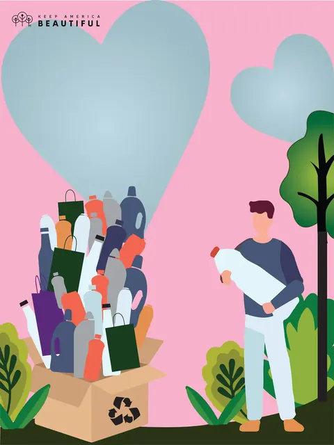 Keep America Beautiful poster from the rebrand: A man carrying a bottle toward a box of recyclables