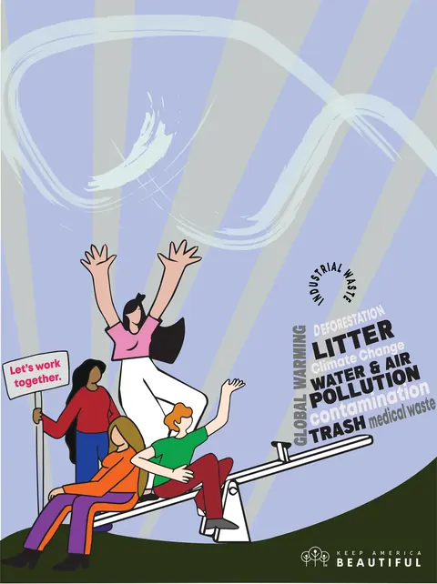 Keep America Beautiful poster: People on a seesaw outweighing litter, water and air pollution, and trash; one holds a sign: Let's work together