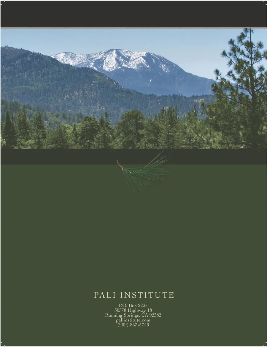 Pali Institute Outdoor Education brochure, back cover: the San Bernardino mountains over pine forest