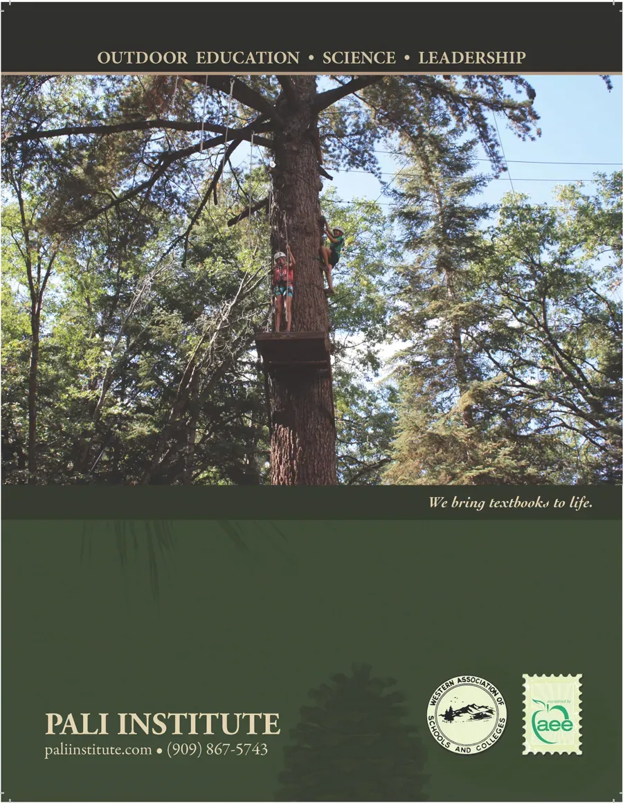 Pali Institute Outdoor Education brochure, cover: a tall pine with a ropes course, and the line “We bring textbooks to life.”