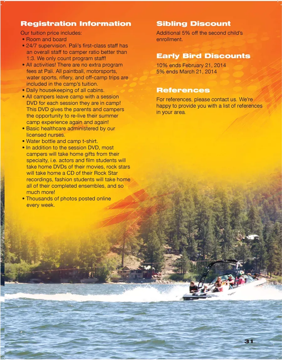 A page from the Pali Summer 2014 brochure: registration details over a photograph of a wakeboarding boat on the lake