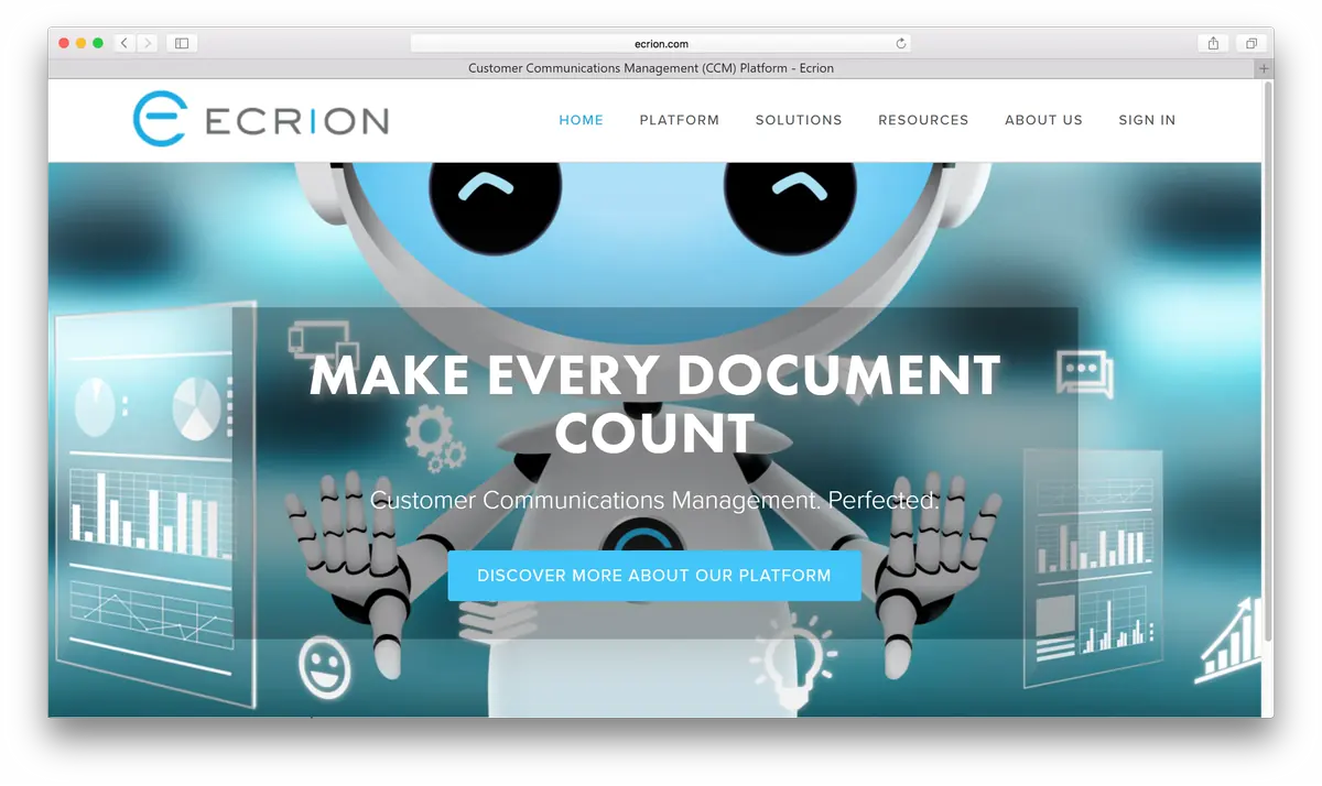 Ecrion's rebuilt website, 2017: Make Every Document Count, with the robot mascot
